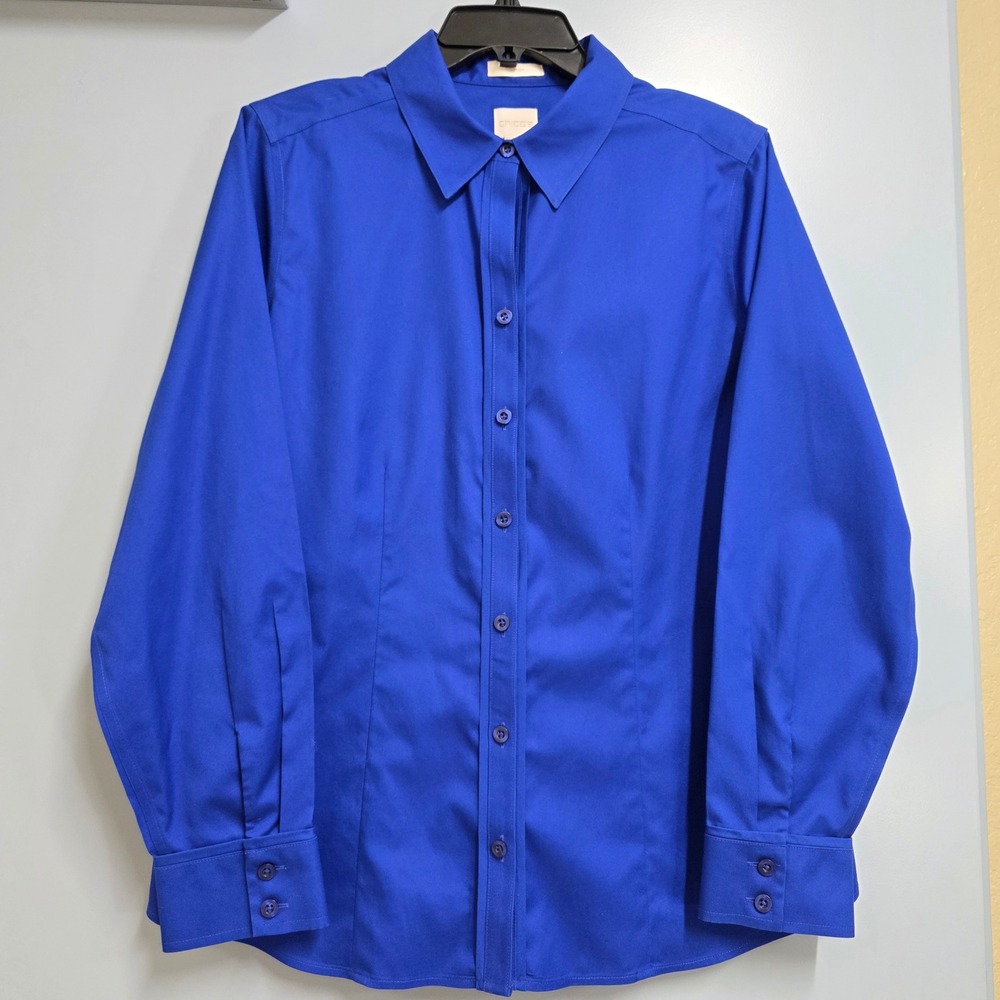 Chico's No-Iron Royal Blue Cotton Button Down Shirt Long Sleeve Size 1 M
